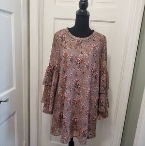 Lulu’s Day Date Mauve Floral Print Tiered Flounce Sleeve Mini Dress SIZE MEDIUM